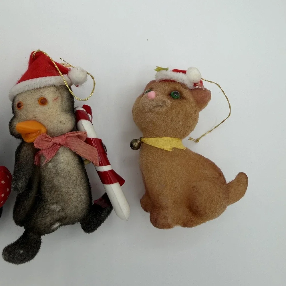 Vintage Flocked Christmas Ornament Set 4 Dog‎ Penguin Cat Holiday Decor
